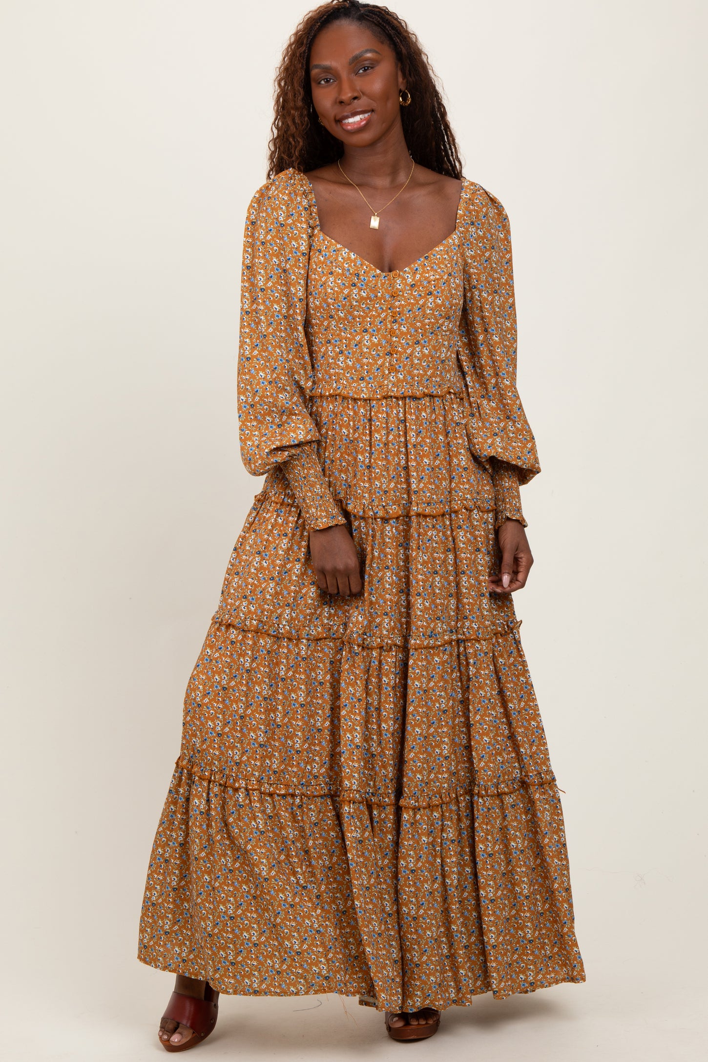 Camel Floral Button Accent Bodice Tiered Maternity Maxi Dress