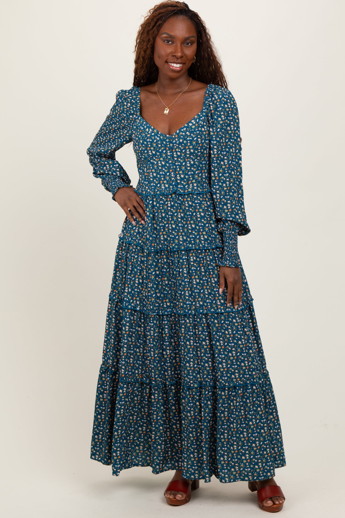 Teal Floral Button Accent Bodice Tiered Maternity Maxi Dress