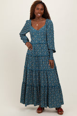 Teal Floral Button Accent Bodice Tiered Maxi Dress
