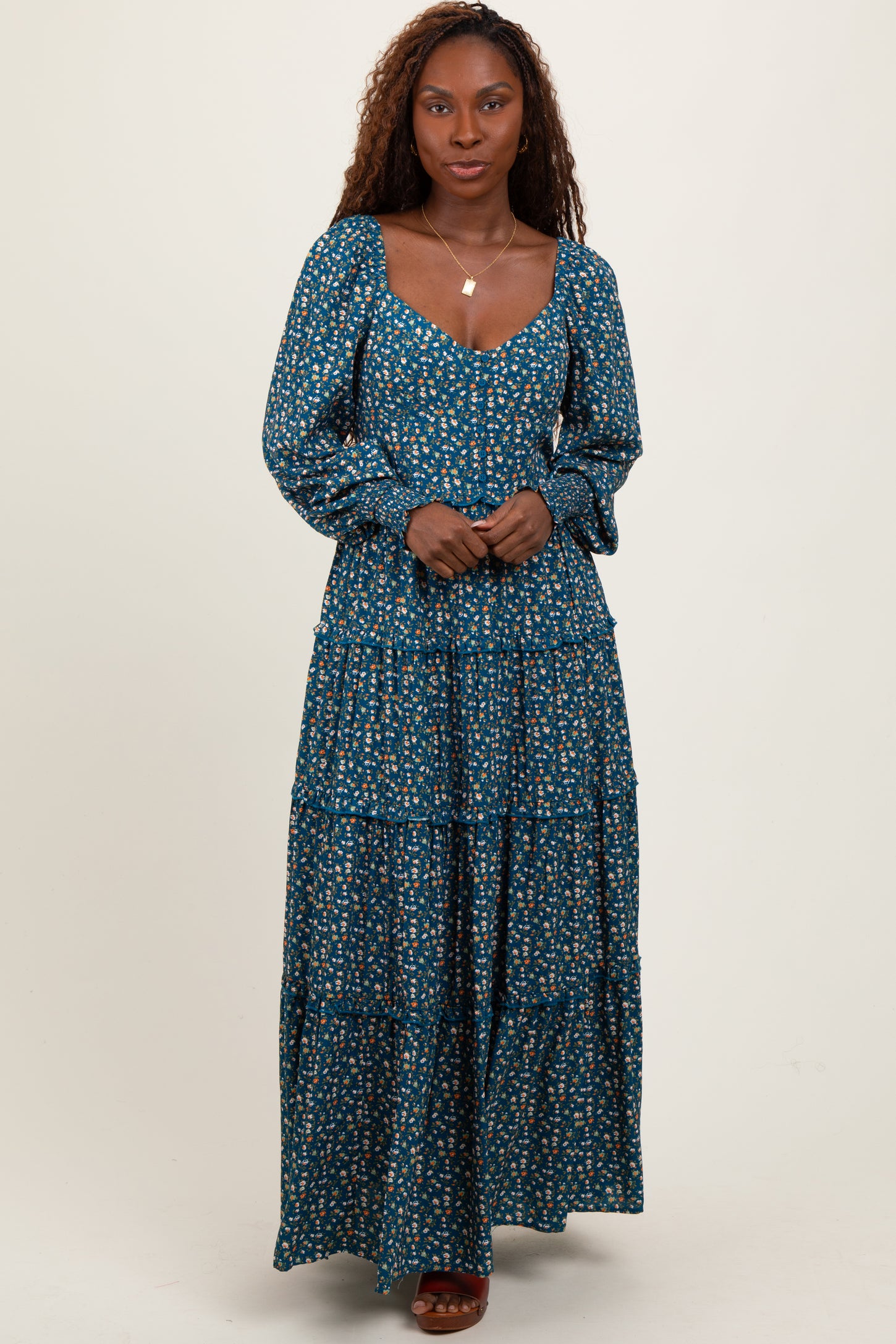 Teal Floral Button Accent Bodice Tiered Maxi Dress