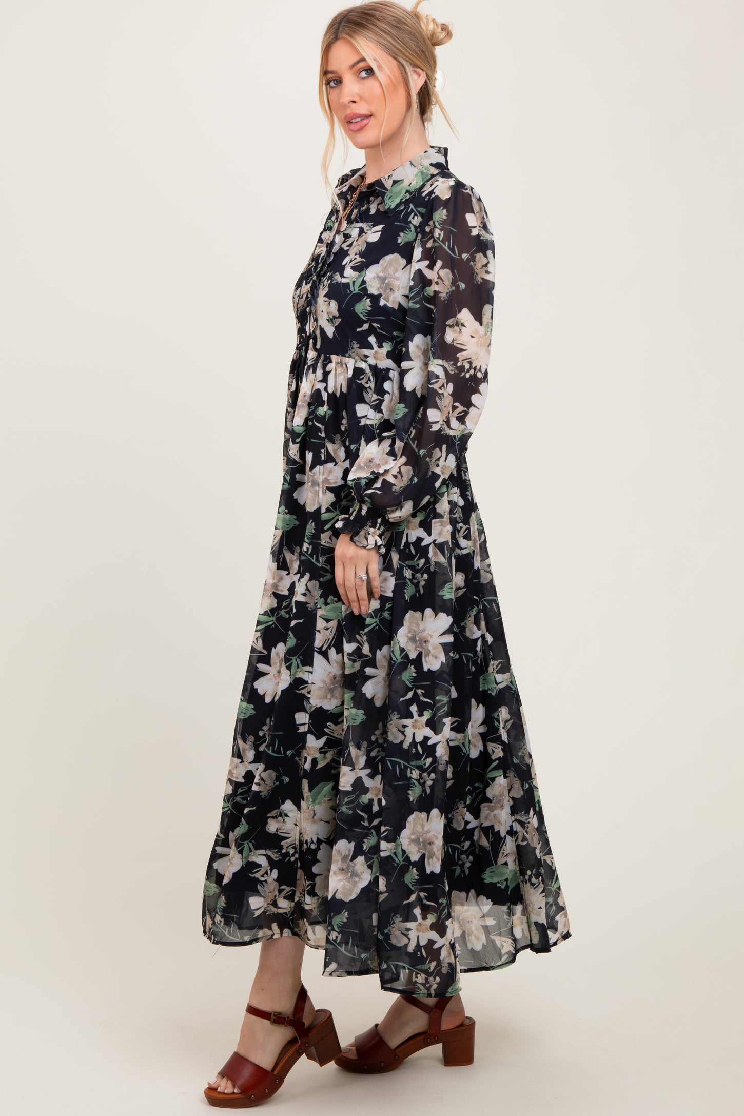 Black Floral Chiffon Ruffle Accent Button Down Maxi Dress