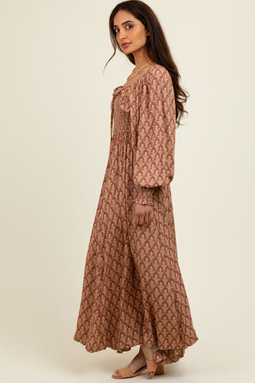 Mocha Damask Print Smocked Ruffle Accent Maxi Dress