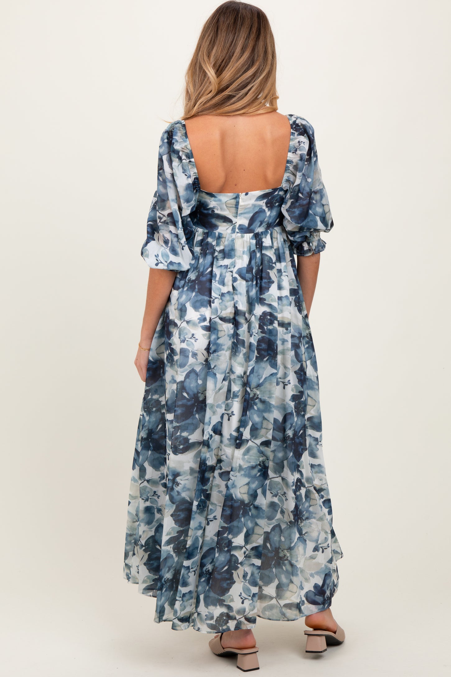 Navy Floral 3/4 Puff Sleeve Maternity Maxi Dress