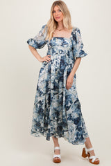 Navy Floral 3/4 Puff Sleeve Maxi Dress