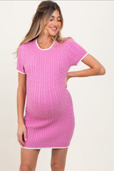 Pink Cable Knit Contrast Trim Maternity Mini Dress
