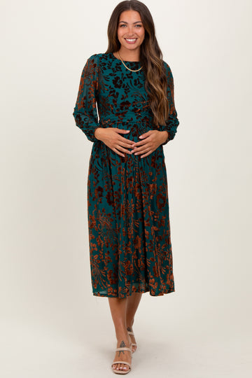 Teal Velvet Floral Overlay Maternity Midi Dress