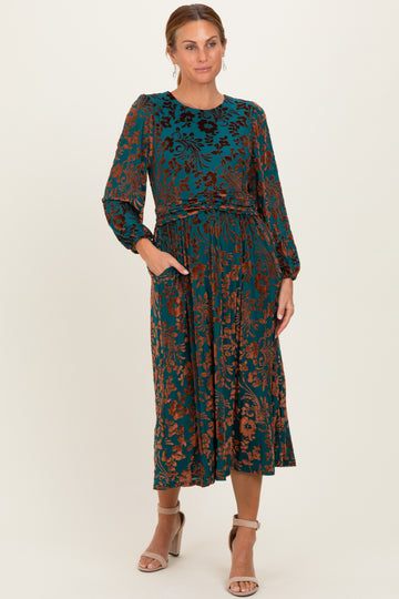 Teal Velvet Floral Overlay Midi Dress