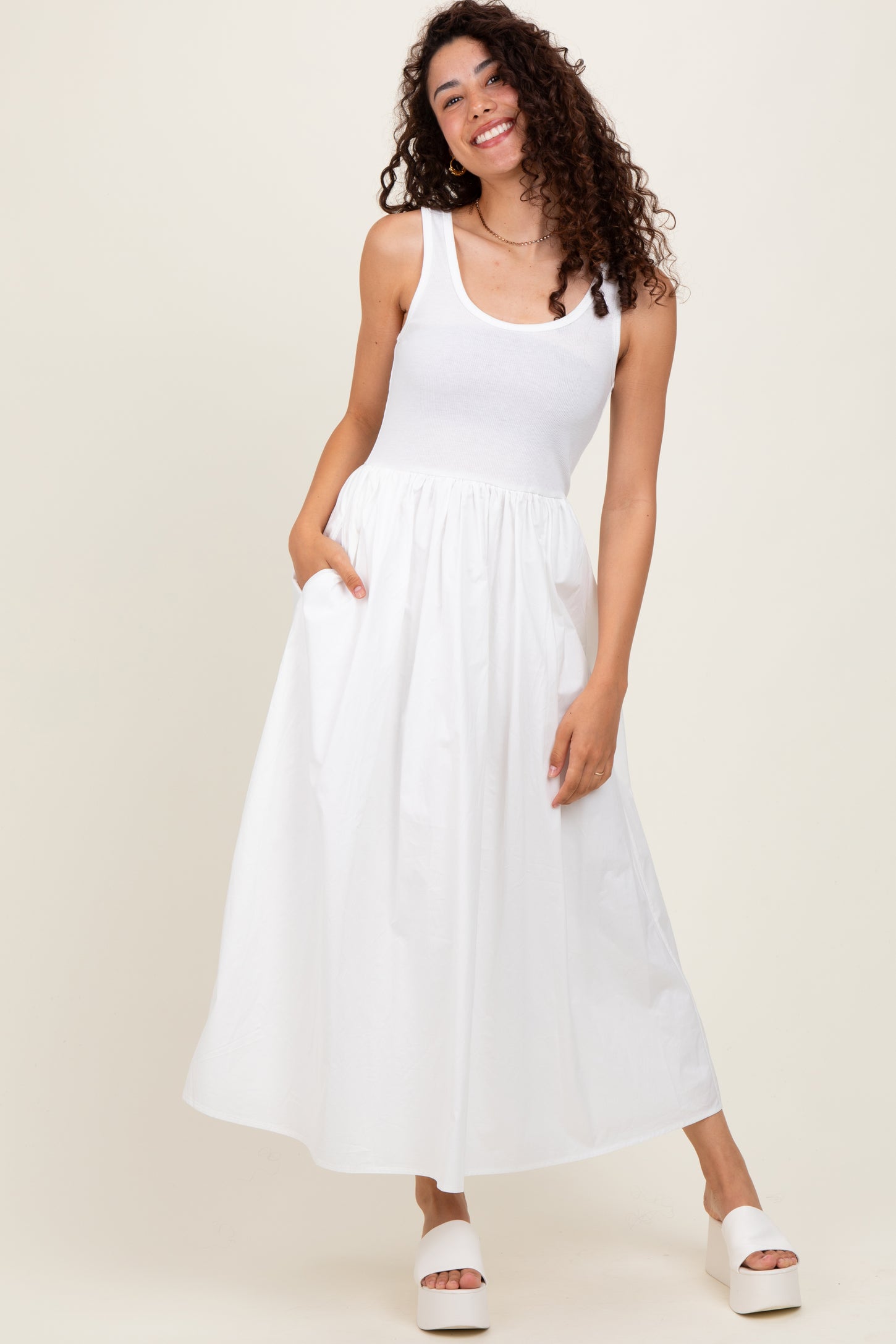 White Scoop Neck Contrast Skirt Maxi Dress