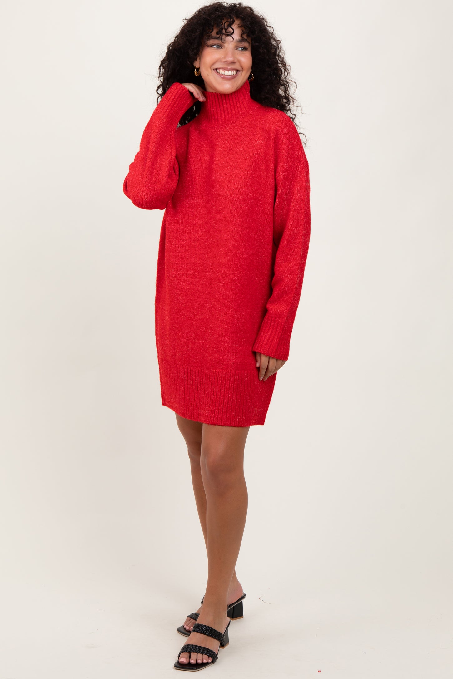 Red Chunky Knit Turtleneck Mini Sweater Dress