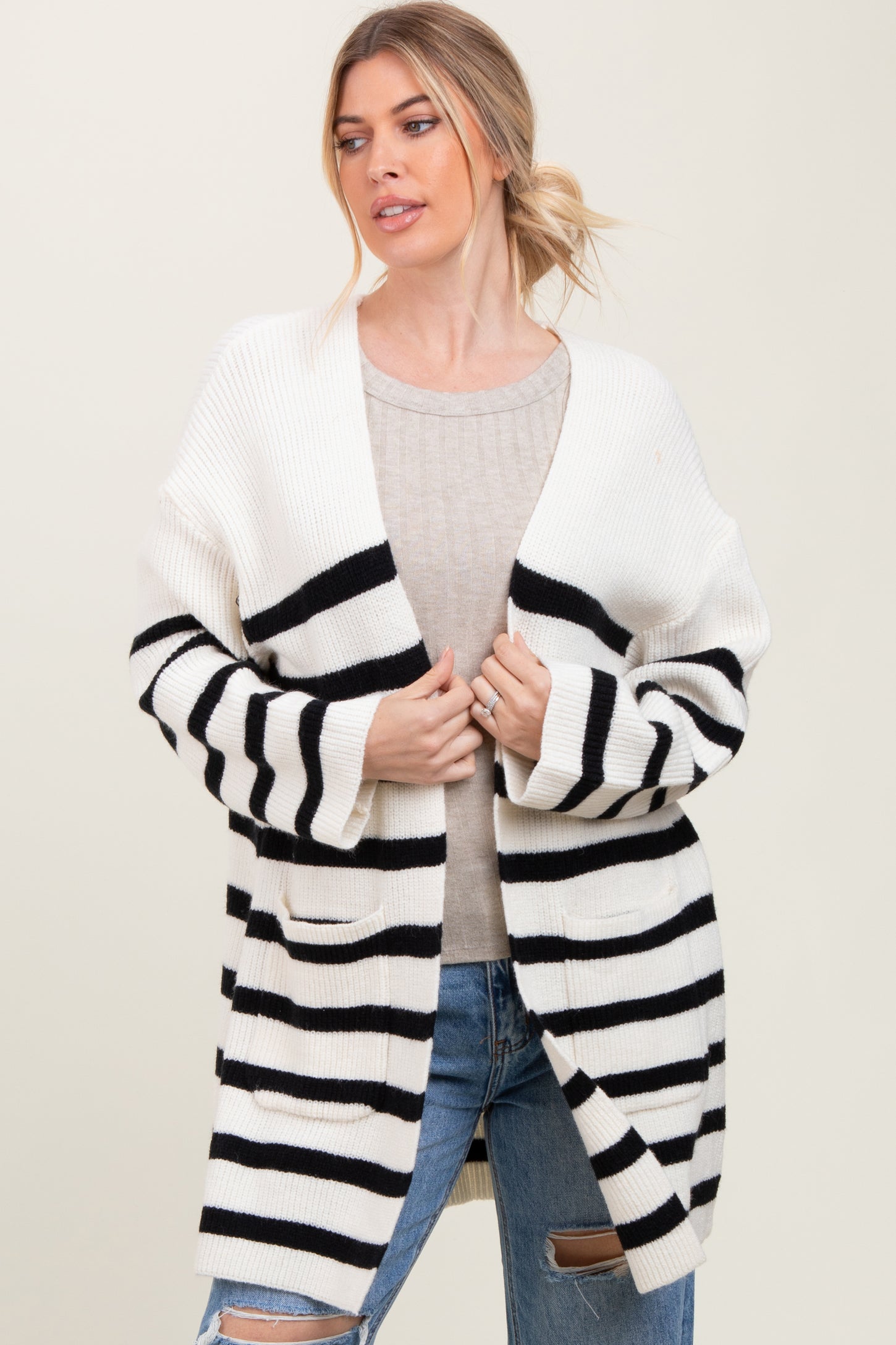Ivory Black Knit Striped Long Cardigan