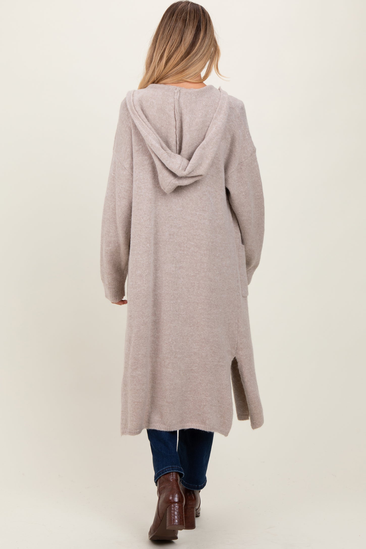 Beige Long Hooded Open Front Maternity Cardigan