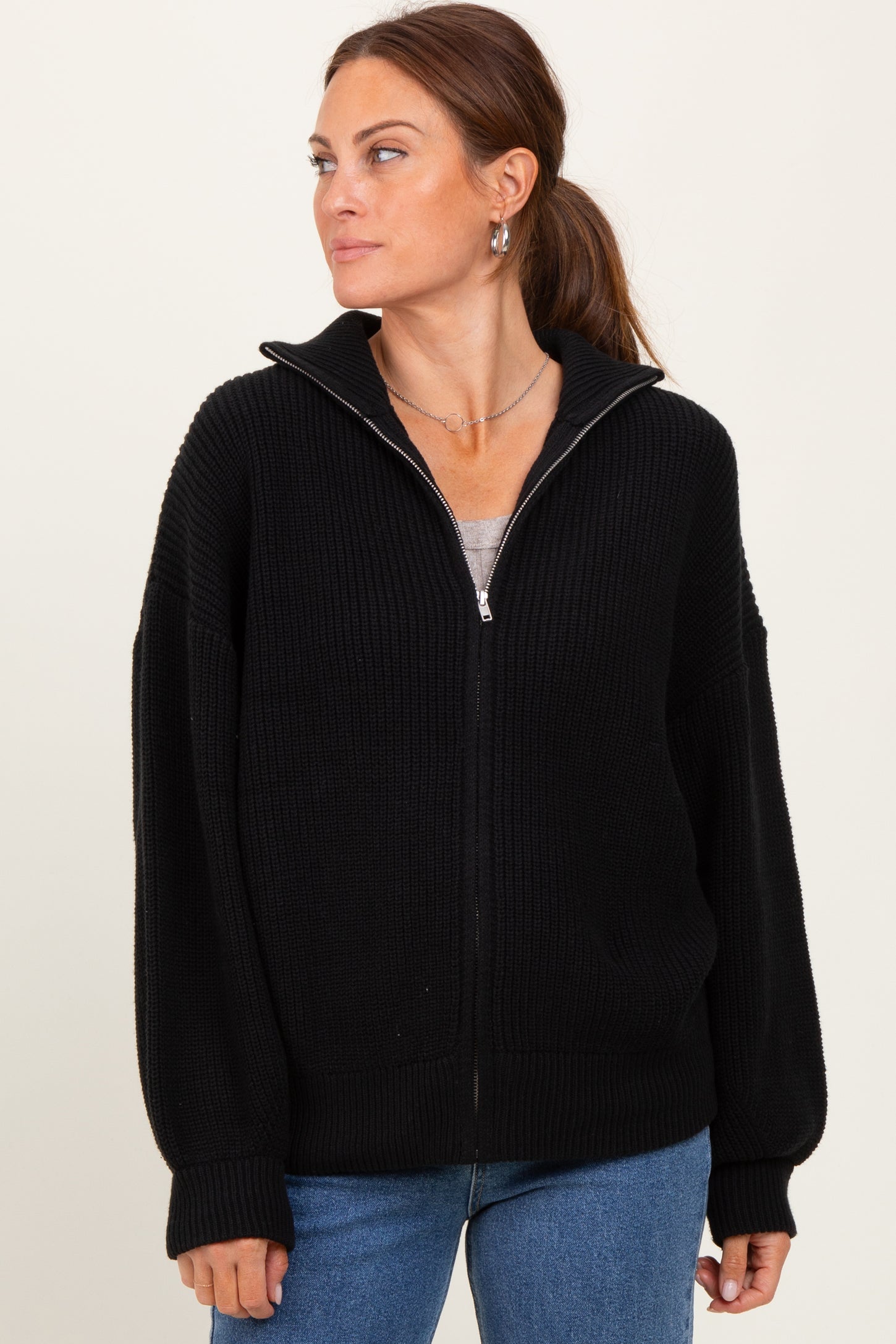 Black Oversized Zip Up Maternity Cardigan