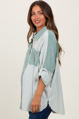 Light Olive Colorblock Stripe Oversized Maternity Button Down