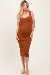 Mocha Scallop Trim Ribbed Knit Sleeveless Maternity Midi Dress