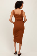 Mocha Scallop Trim Ribbed Knit Sleeveless Midi Dress