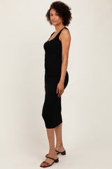 Black Scallop Trim Ribbed Knit Sleeveless Midi Dress