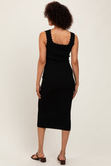 Black Scallop Trim Ribbed Knit Sleeveless Midi Dress