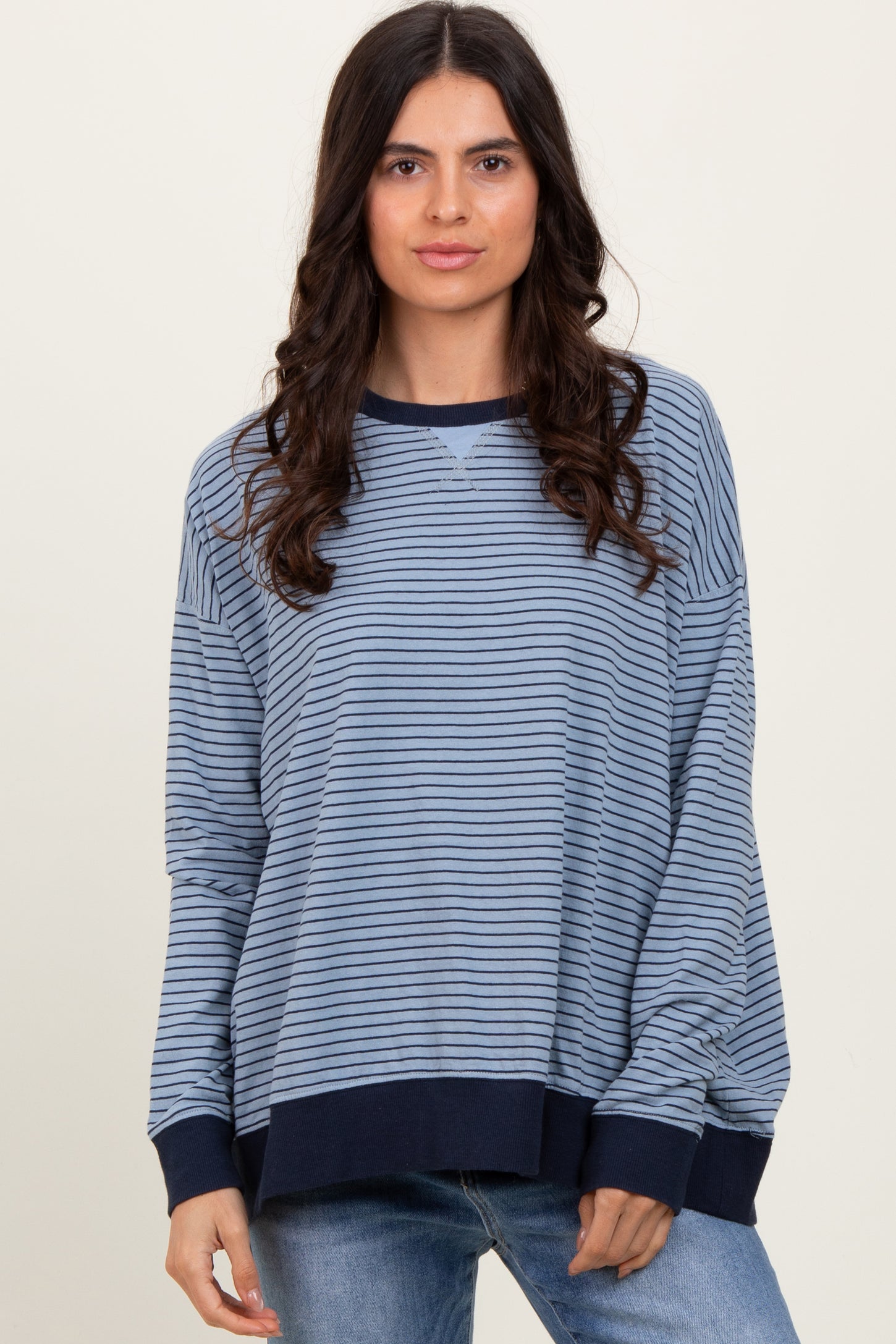 Blue Striped Oversized Crewneck Maternity Pullover