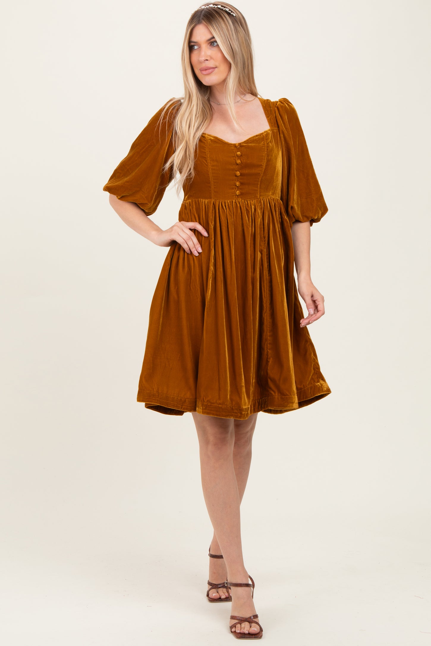 Camel Velvet Sweetheart Button Accent Dress