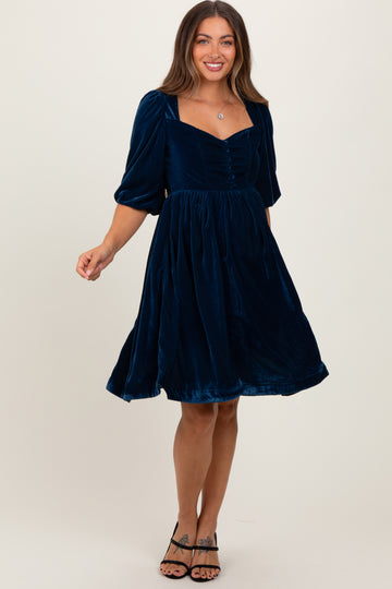 Navy Velvet Sweetheart Button Accent Maternity Dress