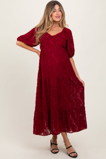Burgundy Textured Tiered Maternity Midi Dress