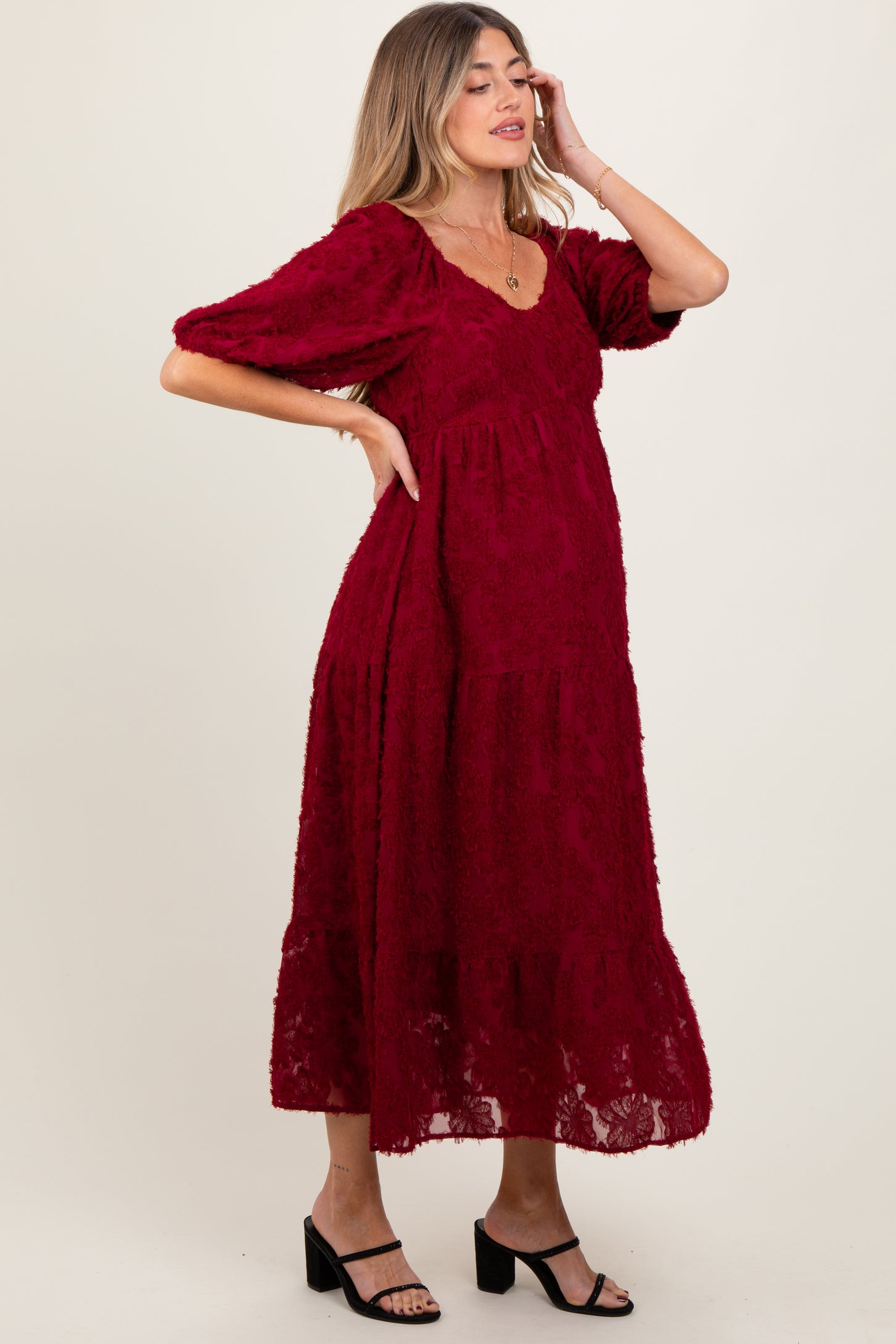Burgundy Textured Tiered Maternity Midi Dress