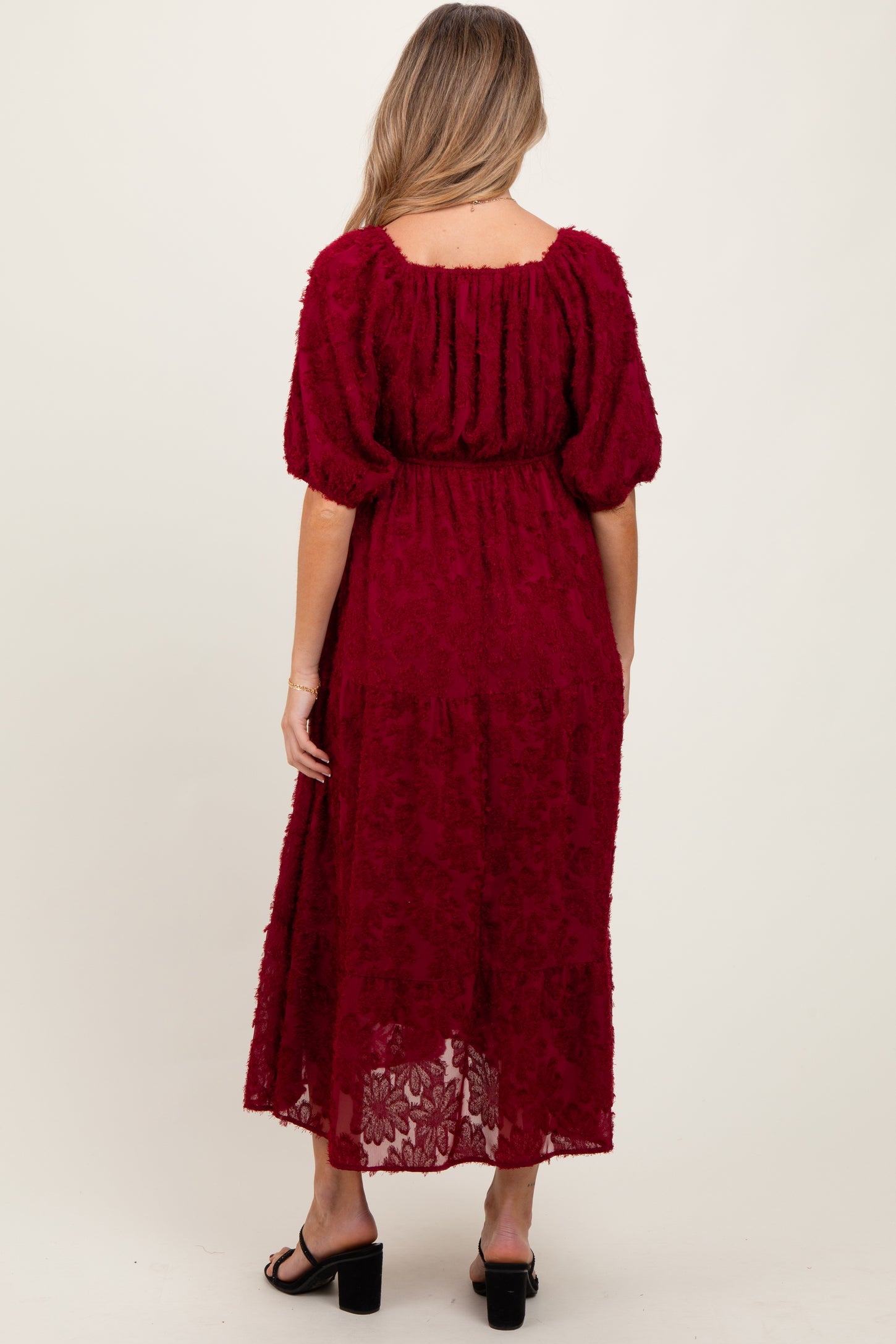 Burgundy Textured Tiered Maternity Midi Dress