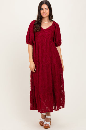Burgundy Textured Tiered Midi Dress