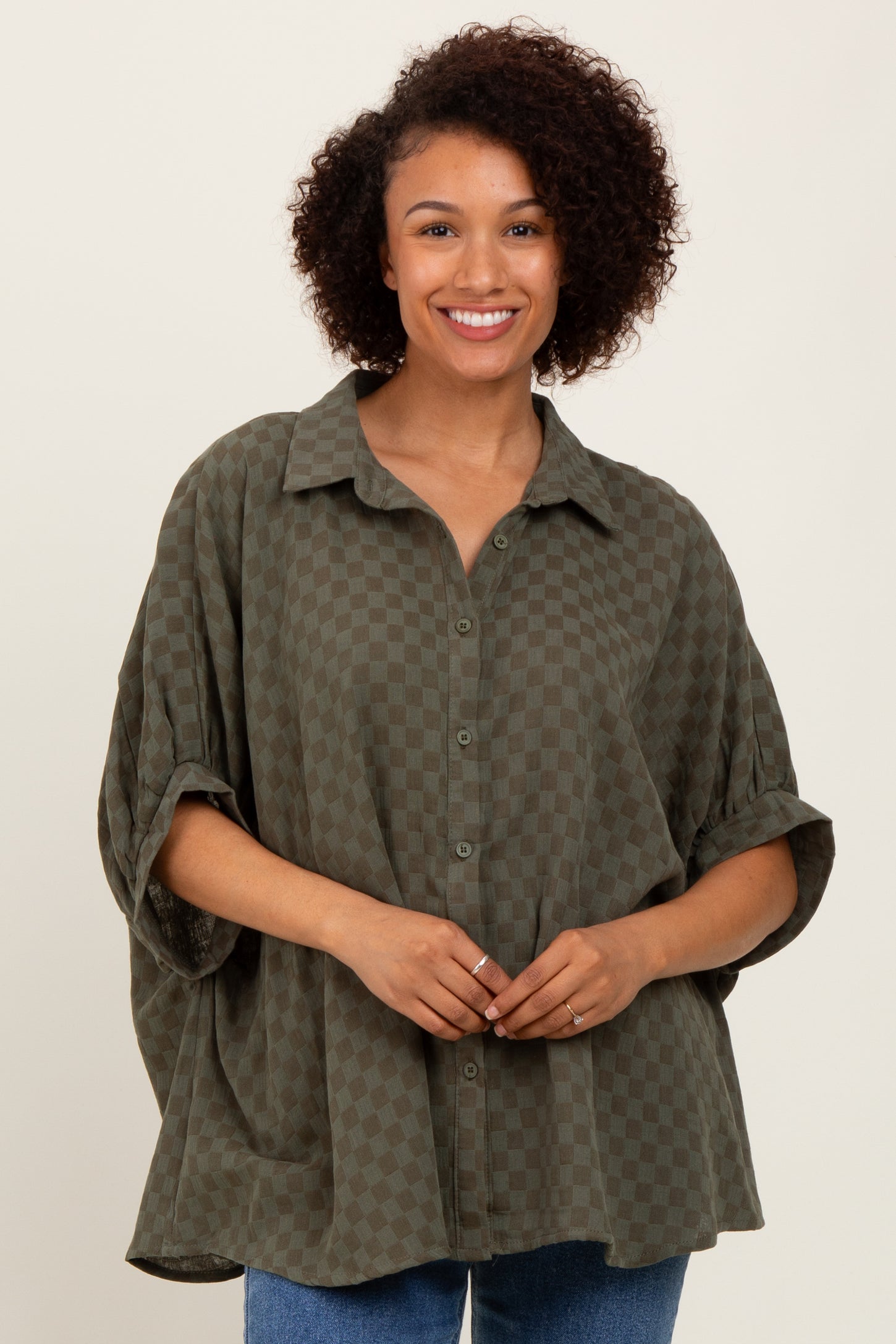Olive Checker Print Short Sleeve Oversized Blouse