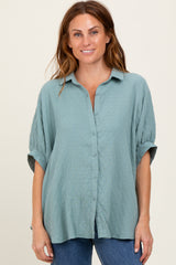 Light Olive Checker Print Short Sleeve Oversized Blouse