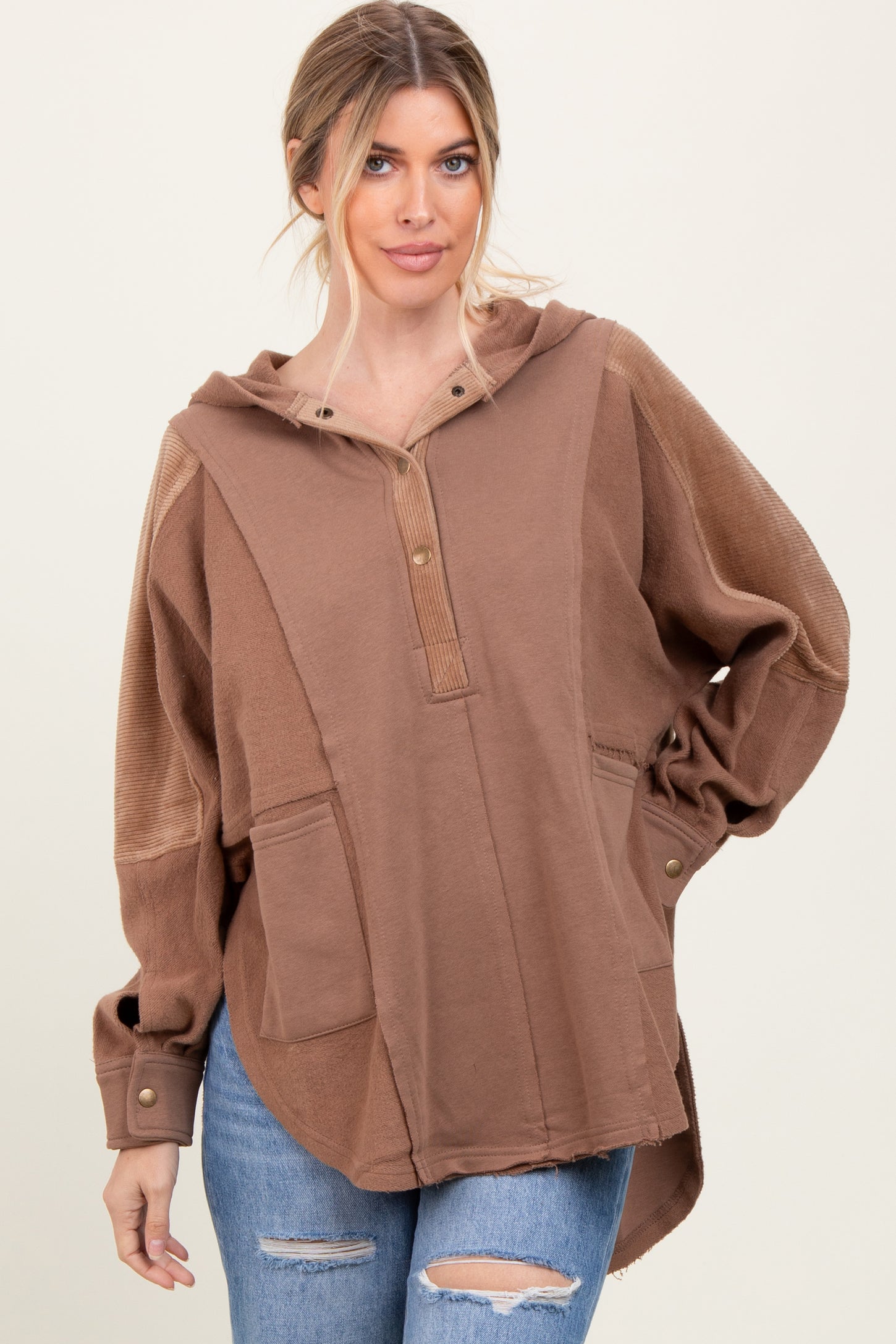 Brown French Terry Dolman Sleeve Maternity Hooded Pullover