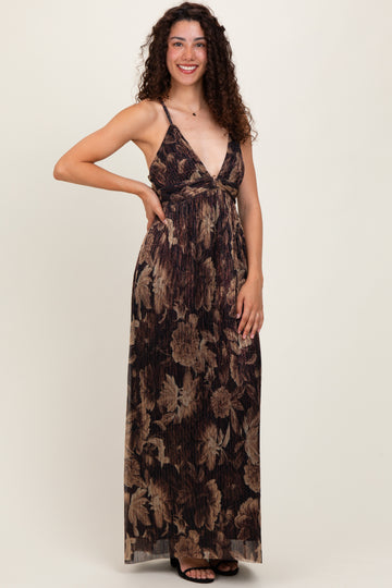 Dark Brown Floral Deep V-Neck Back Cutout Maxi Dress