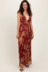 Burgundy Floral Deep V-Neck Back Cutout Maxi Dress