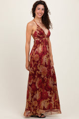Burgundy Floral Deep V-Neck Back Cutout Maxi Dress