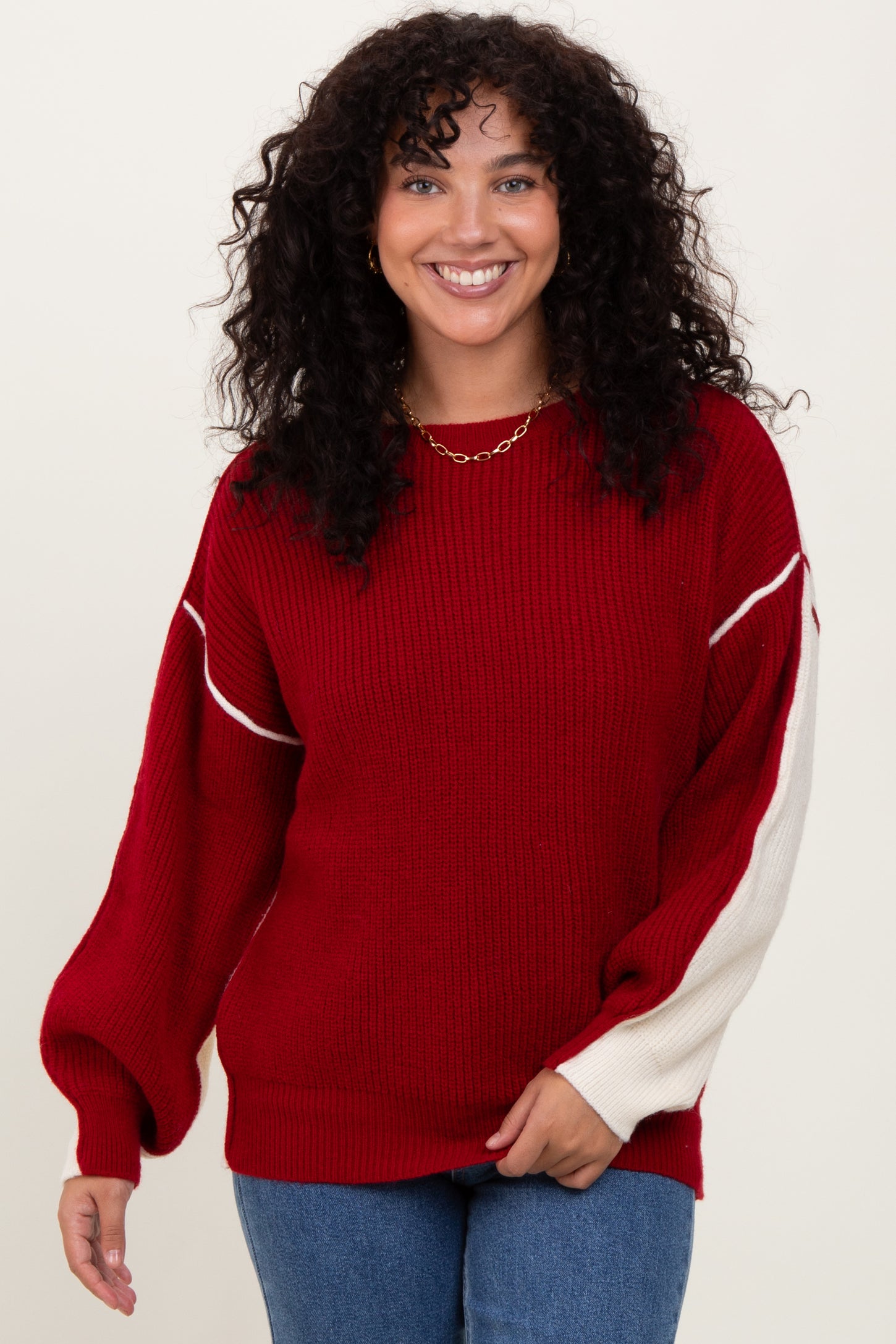 Burgundy Ivory Colorblock Oversized Sweater