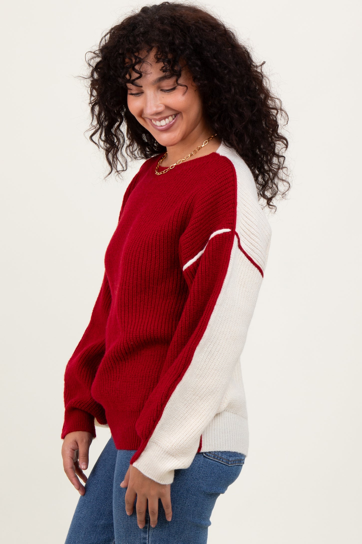Burgundy Ivory Colorblock Oversized Sweater