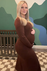 Brown Ribbed Knit Maternity Maxi Sweater Dress