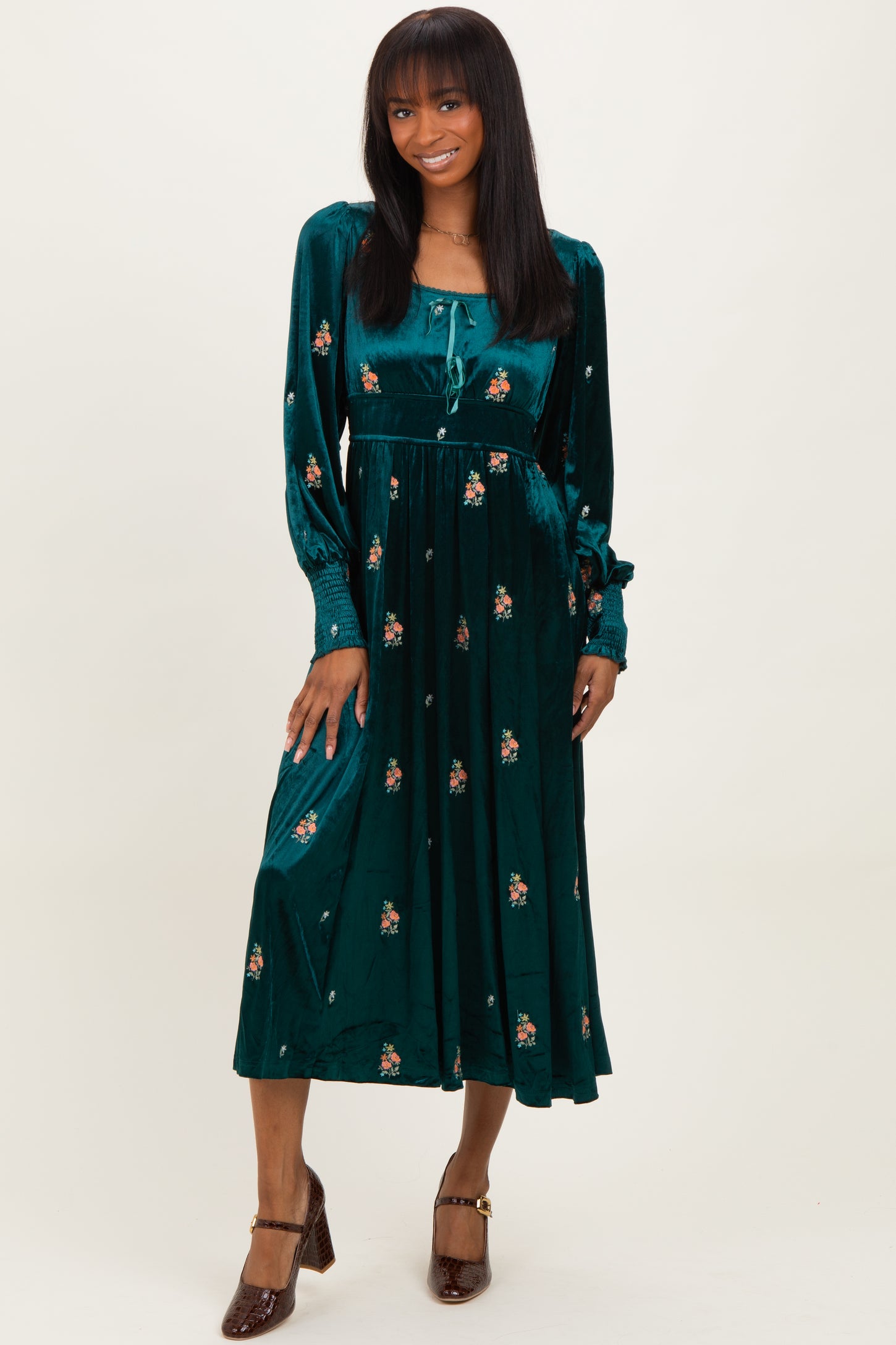 Deep Teal Velvet Embroidered Floral Maternity Midi Dress