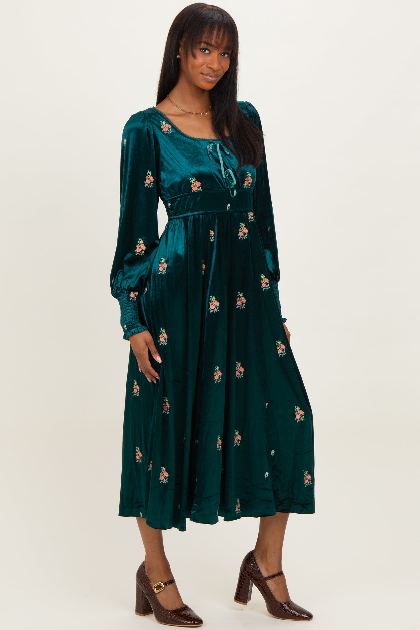Deep Teal Velvet Embroidered Floral Midi Dress