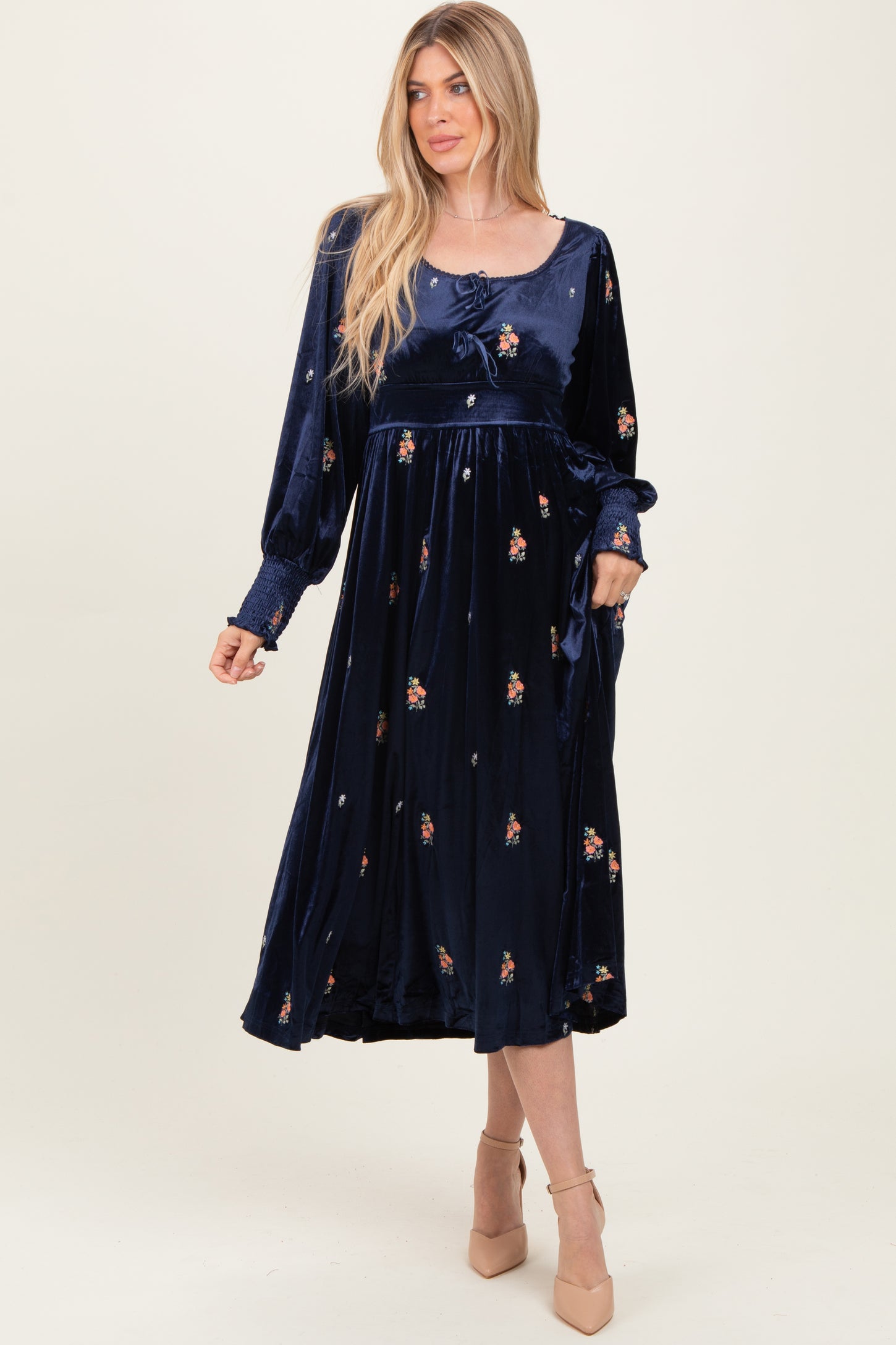 Navy Velvet Embroidered Floral Midi Dress