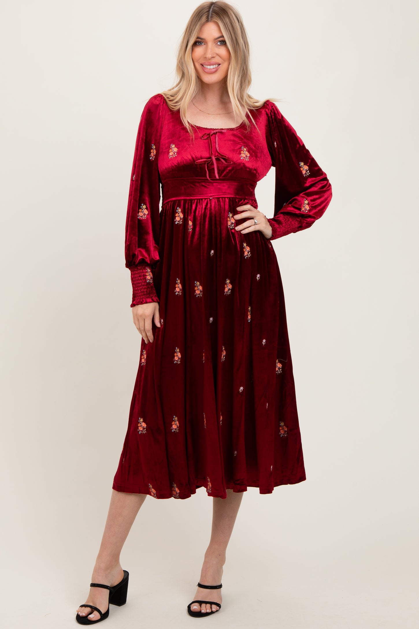 Red Velvet Embroidered Floral Maternity Midi Dress