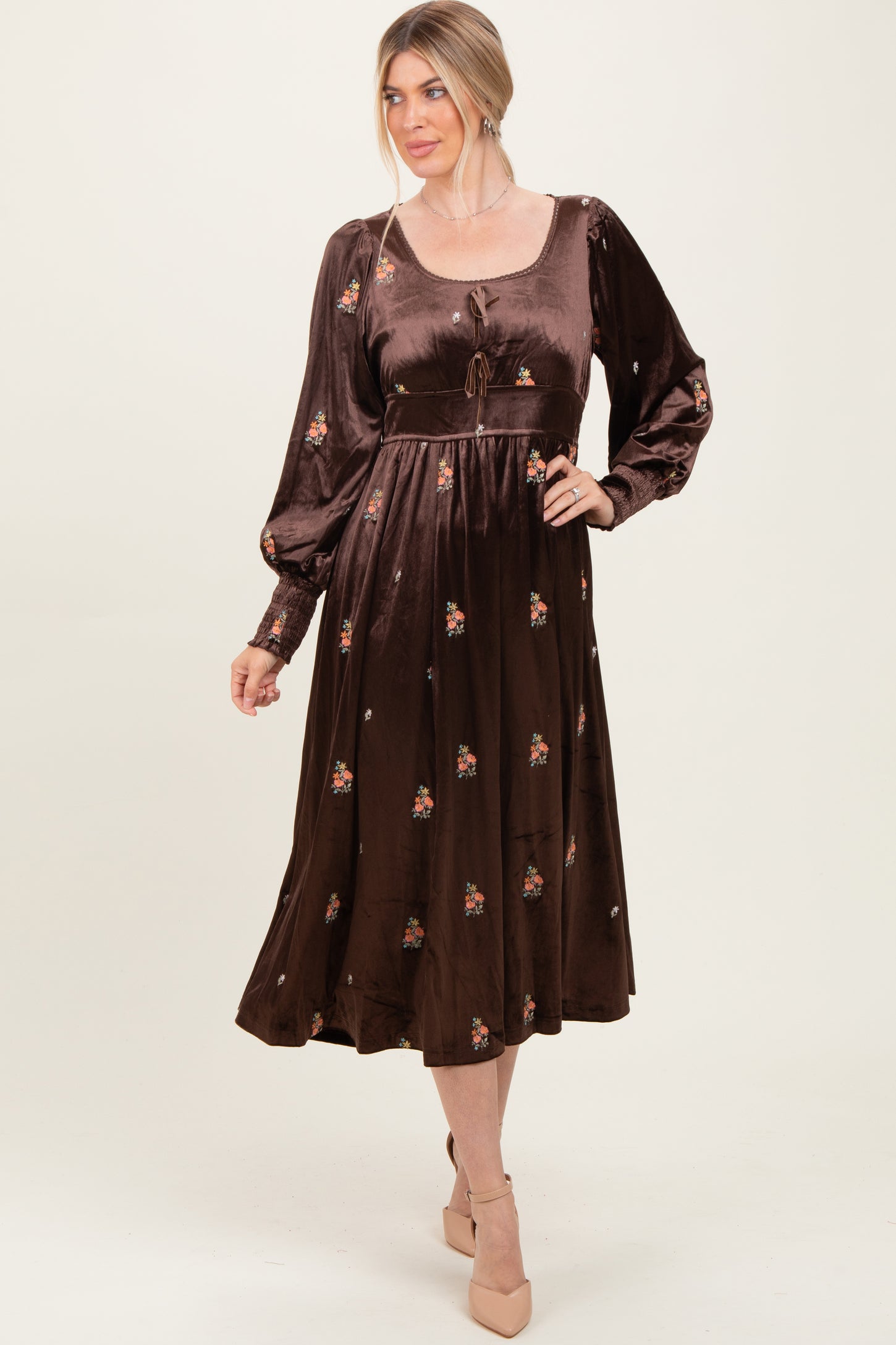Brown Velvet Embroidered Floral Maternity Midi Dress Brown Velvet Embroidered Floral Maternity Midi Dress