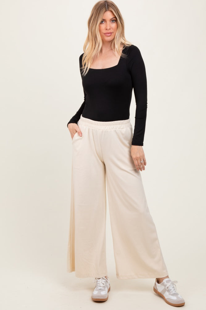 Cream Brushed Knit Wide Leg Pants