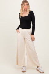 Cream Brushed Knit Wide Leg Pants
