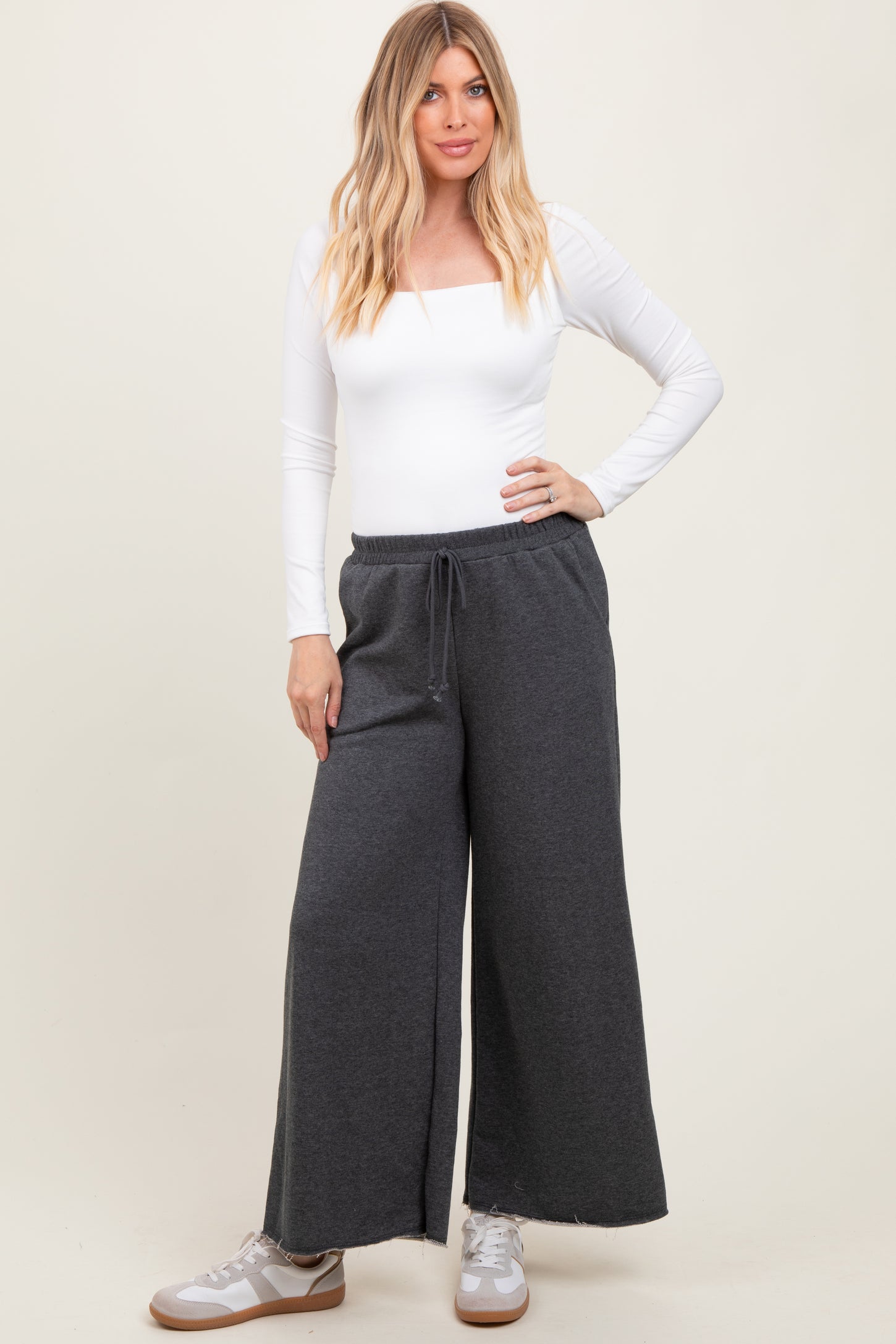 Charcoal French Terry Raw Edge Wide Leg Pants