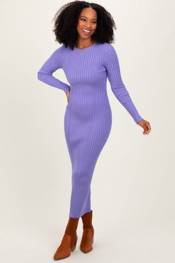 Lavender Contrast Ribbed Knit Midi Dress