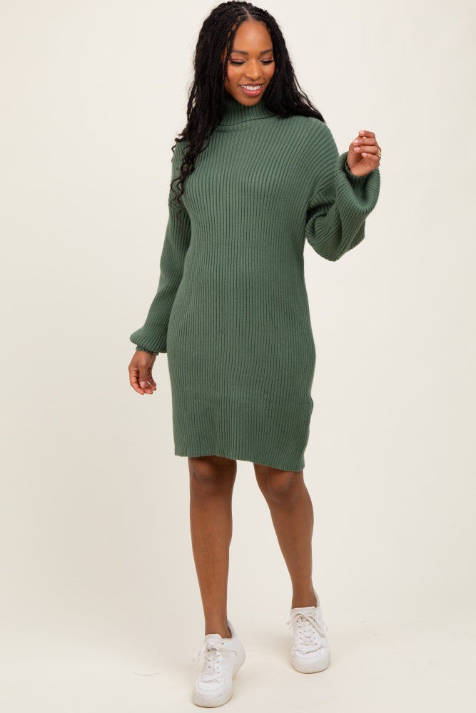 Olive Turteneck Ribbed Sweater Dress