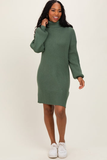 Olive Turteneck Ribbed Sweater Dress