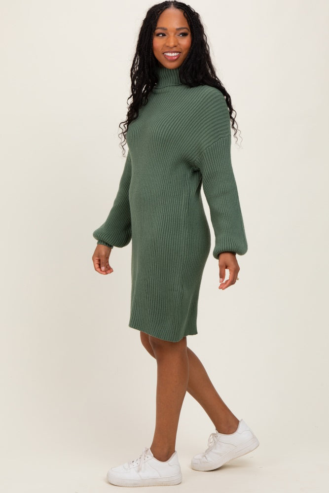 Olive Turteneck Ribbed Sweater Dress