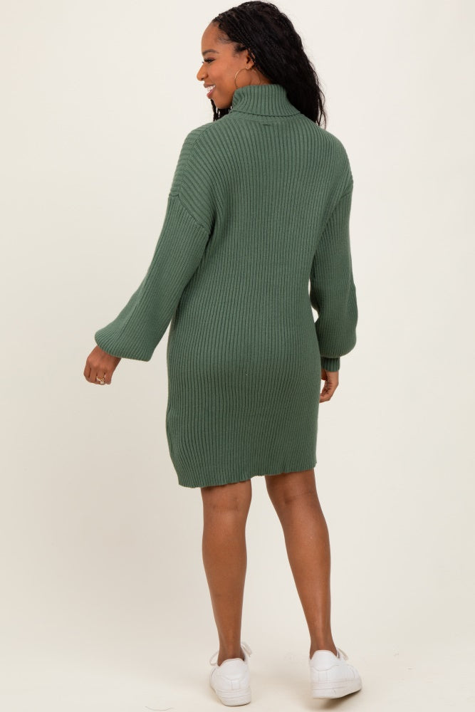 Olive Turteneck Ribbed Sweater Dress
